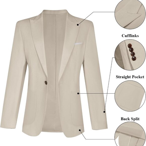 Men's Beige Linen Suit Set - Stylish 2 Piece Tuxedo for Weddings & Parties - Picture 4 of 6